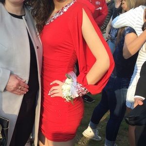 Red, sparkly off the shoulder dress